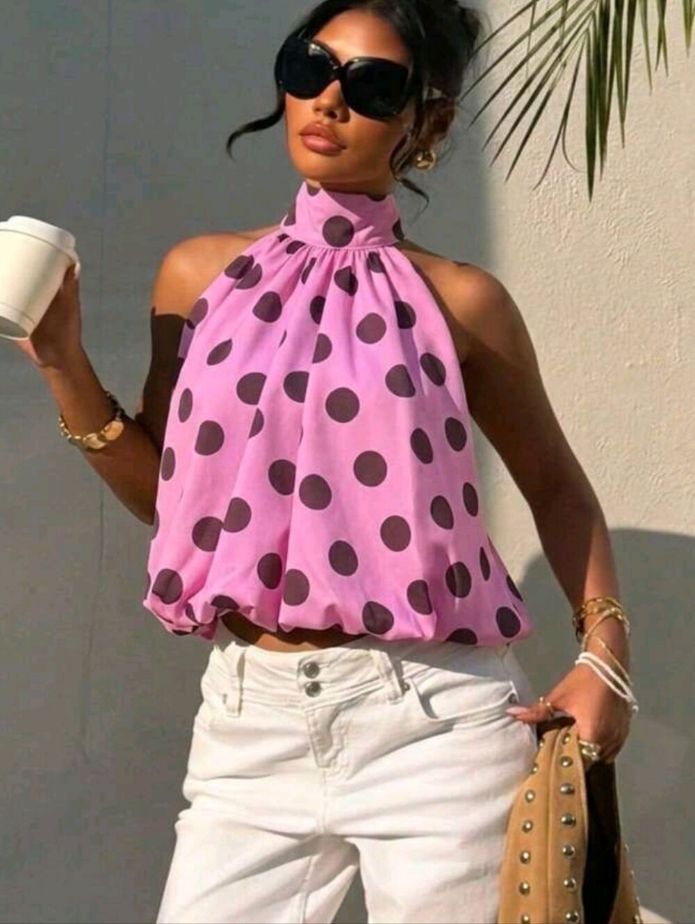 Aloruh Women's Polka Dot Print Halter Top, Fashionable For Dates,Summer Top - Picture 3 of 7